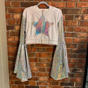 J Valentine women’s holographic bell sleeve star hooded jacket white/silver L/XL